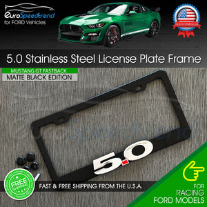Chrome 5.0 Matte Black License Plate Frame Logo Front or Rear 3D Cover Mustang