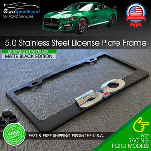 Chrome 5.0 Matte Black License Plate Frame Logo Front or Rear 3D Cover Mustang