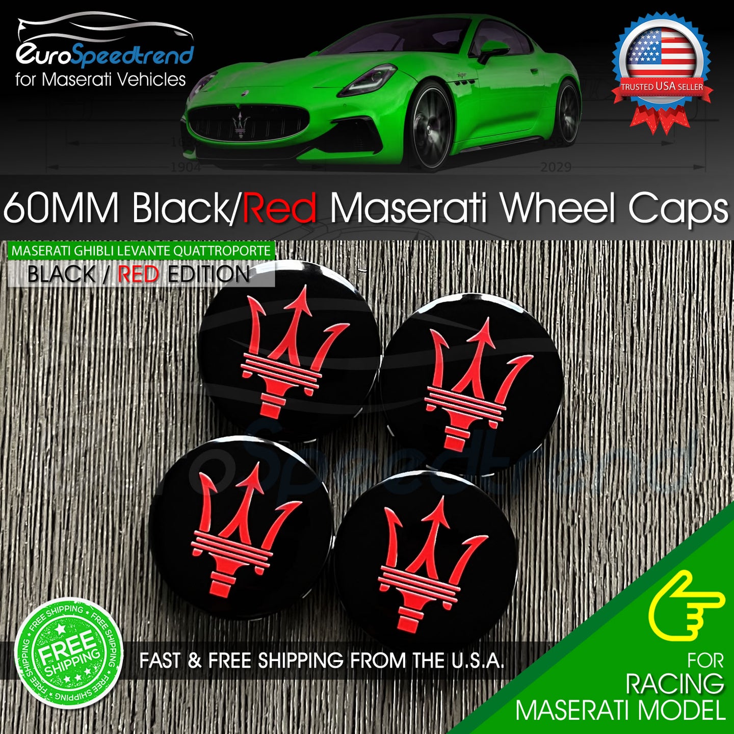 Maserati Black Red Wheel Center Cap 60mm Ghibli GTS Levante Quattroporte 4PCS OE