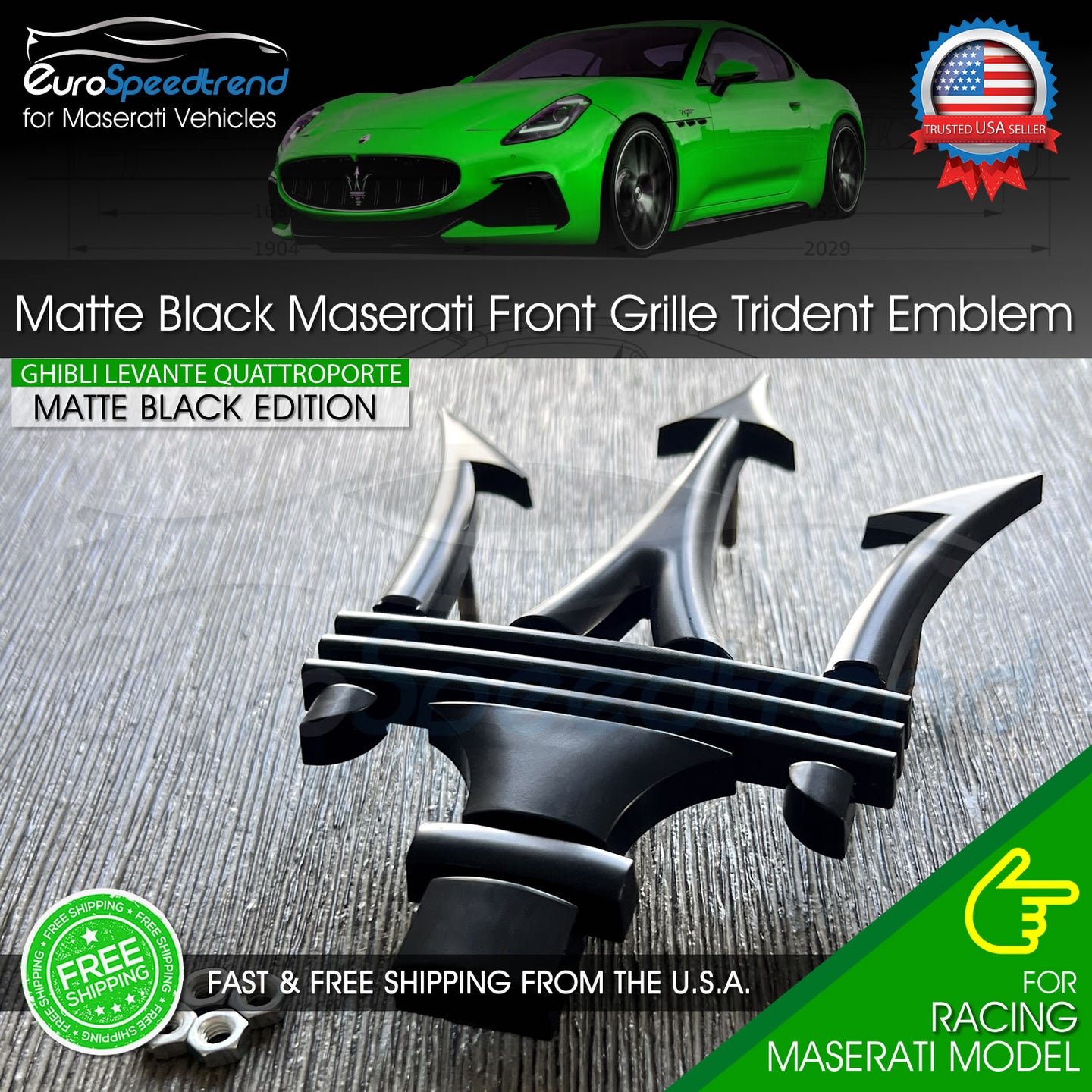 Maserati Matte Black Front Emblem 3D Trident Grille Badge OEM Ghibli Levanti