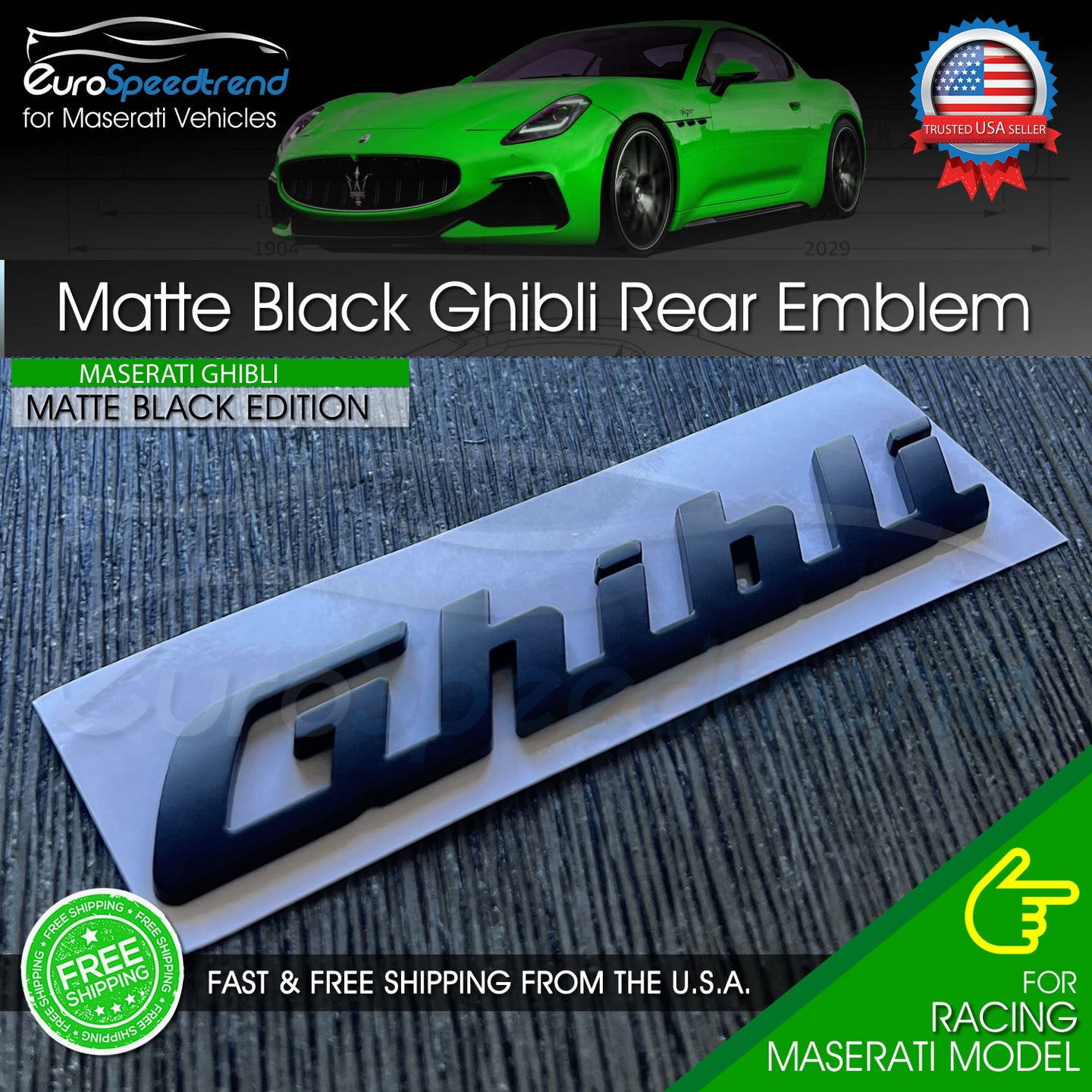 Maserati Ghibli Matte Black Emblem 3D Trunk Logo Badge Nameplate OEM GT Trofeo