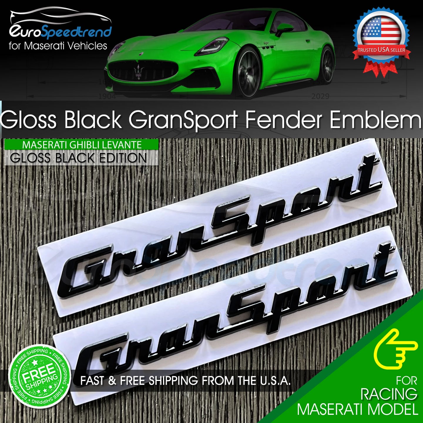 Maserati GranSport Gloss Black Emblem 3D Fender Logo Badge Nameplate OEM Ghibli