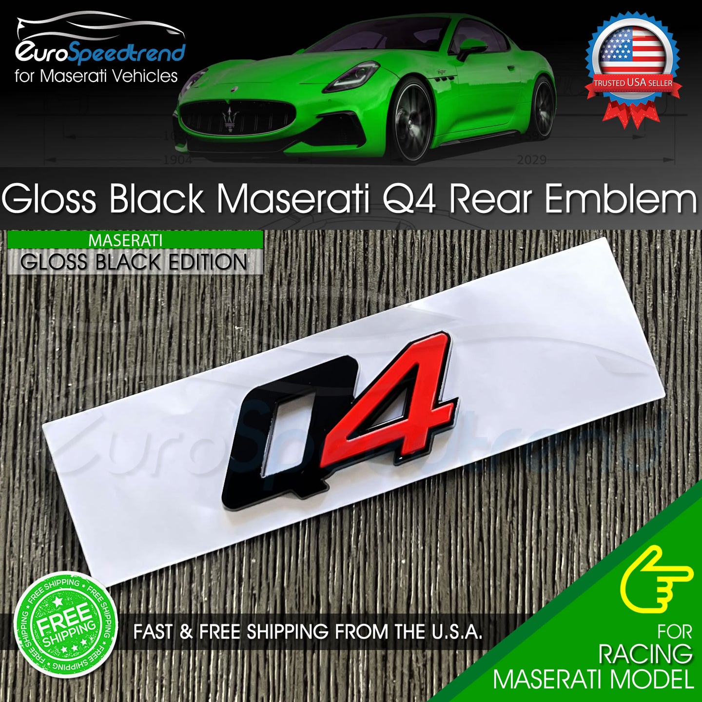 Maserati Q4 Gloss Black RED 4 Emblem 3D Trunk Logo Badge OE Ghibli Quattroporte