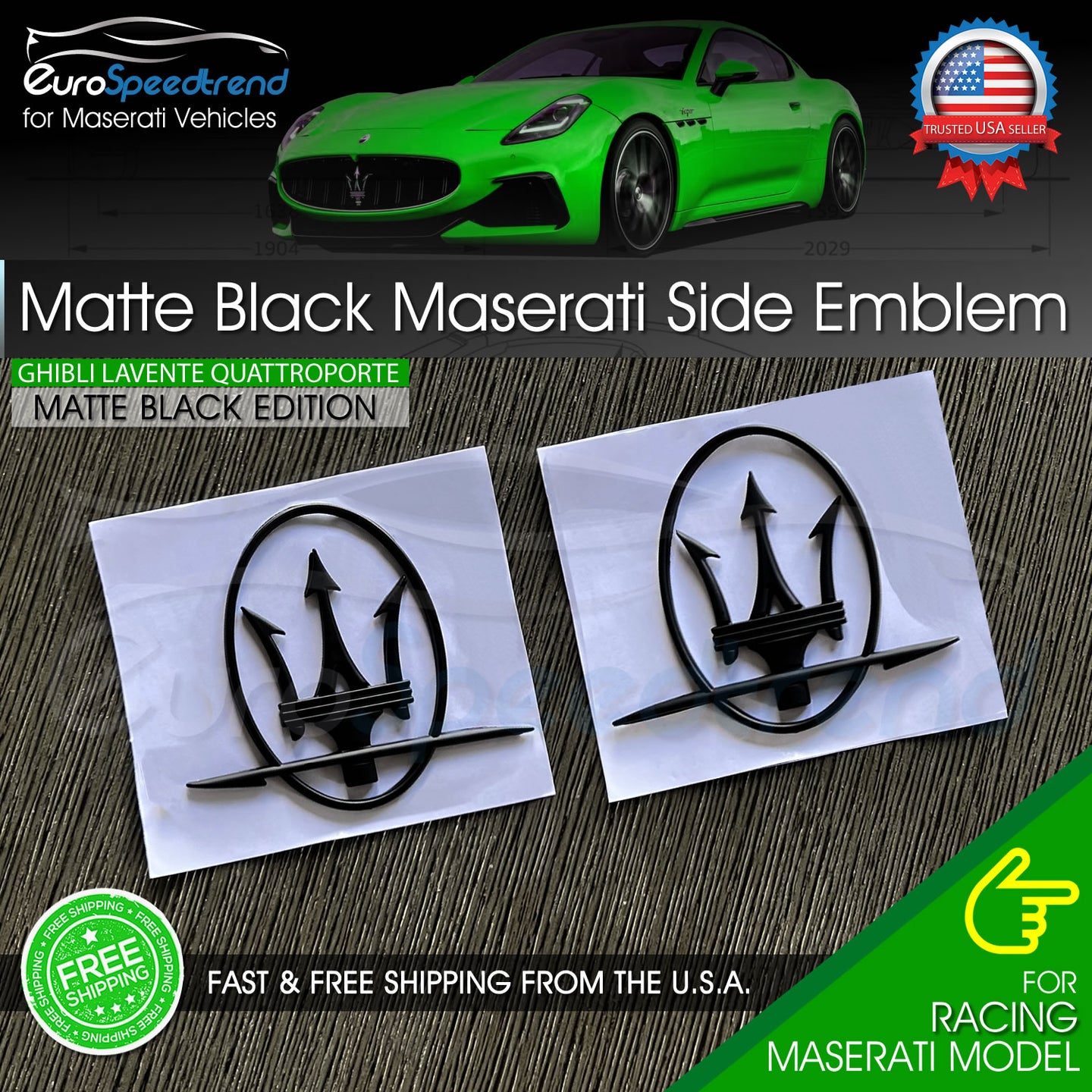 Maserati Side Emblem Matte Black 3D Quaterpanel Logo Badge OE Ghibli Levante L+R