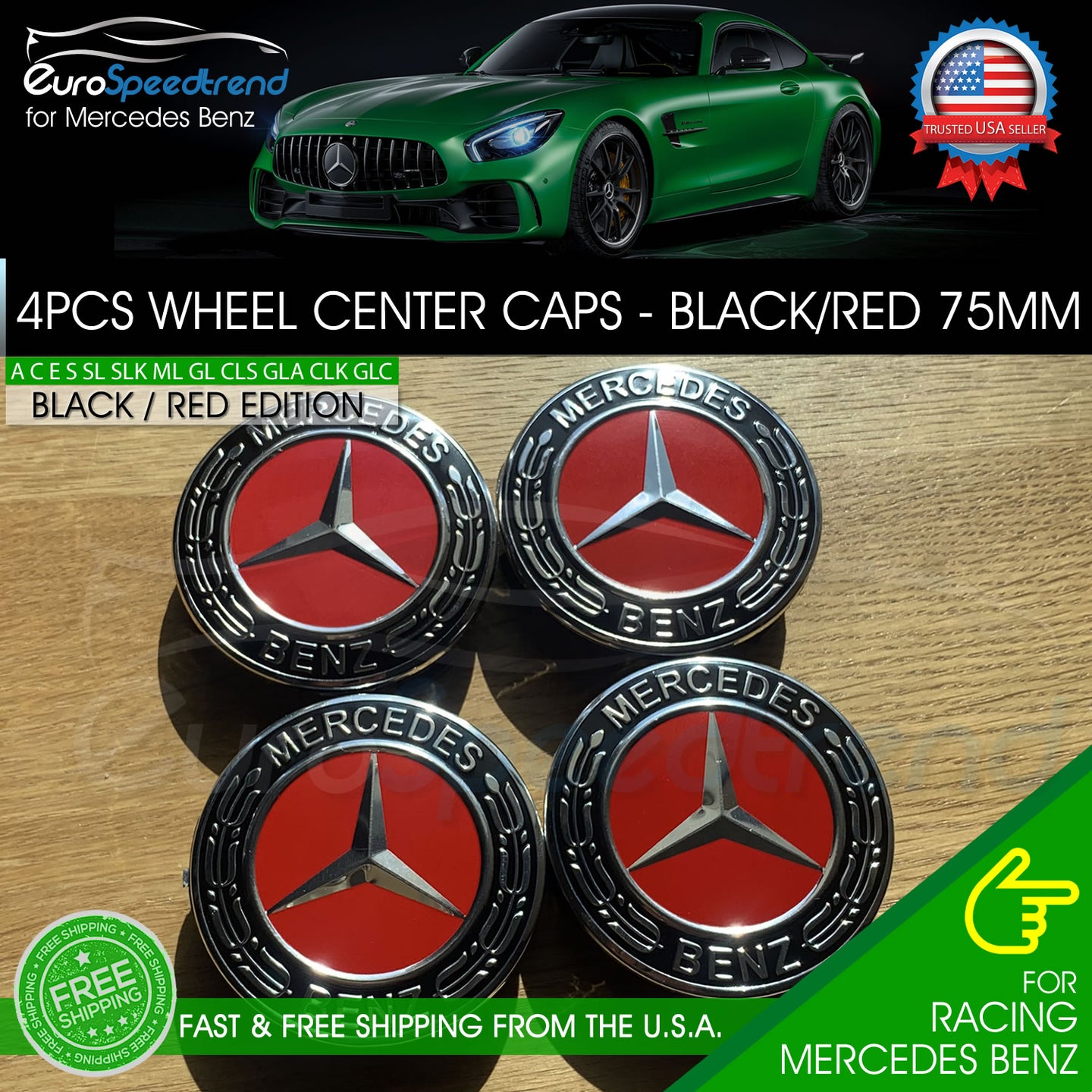 4 Mercedes-Benz Wheel Center Caps Black Red Emblem 75MM AMG Laurel Wreath Hub