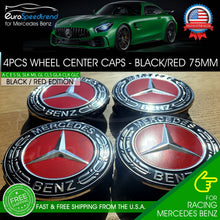 Load image into Gallery viewer, 4 Mercedes-Benz Wheel Center Caps Black Red Emblem 75MM AMG Laurel Wreath Hub
