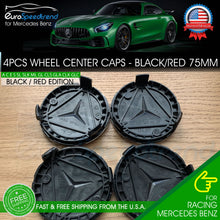 Load image into Gallery viewer, 4 Mercedes-Benz Wheel Center Caps Black Red Emblem 75MM AMG Laurel Wreath Hub
