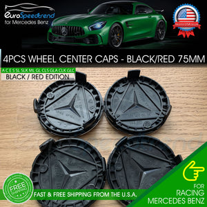 4 Mercedes-Benz Wheel Center Caps Black Red Emblem 75MM AMG Laurel Wreath Hub