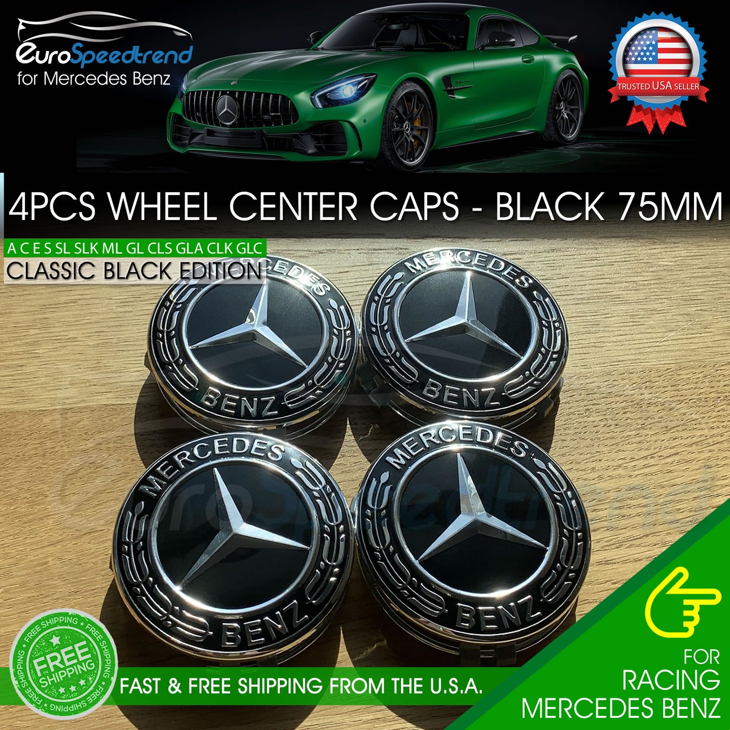 4 Mercedes-Benz Classic Black Wheel Center Hub Caps Emblem 75MM Laurel Wreath