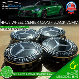 4 Mercedes-Benz Classic Black Wheel Center Hub Caps Emblem 75MM Laurel Wreath
