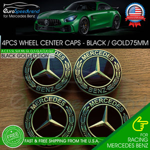 4 Mercedes Benz Classic Gold Wheel Center Hub Caps Emblem 75MM Laurel Wreath