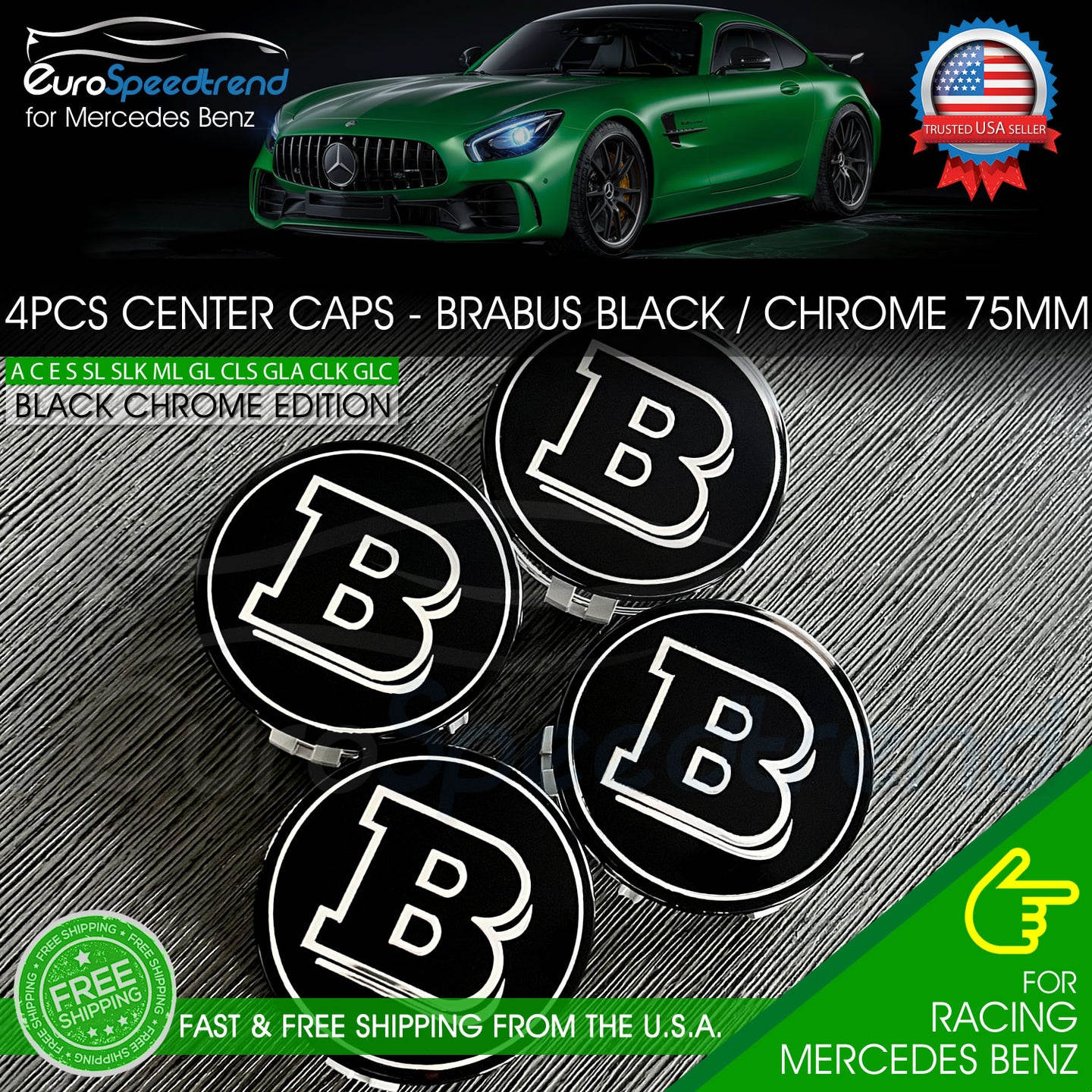4 Brabus Black Chrome Wheel Center Hub Caps Emblem fits Mercedes-Benz 75MM Set