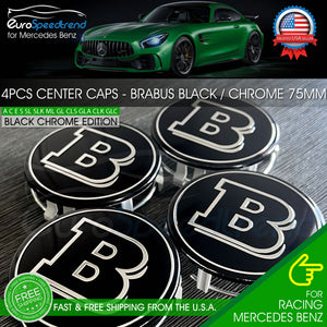 4 Brabus Black Chrome Wheel Center Hub Caps Emblem fits Mercedes-Benz 75MM Set