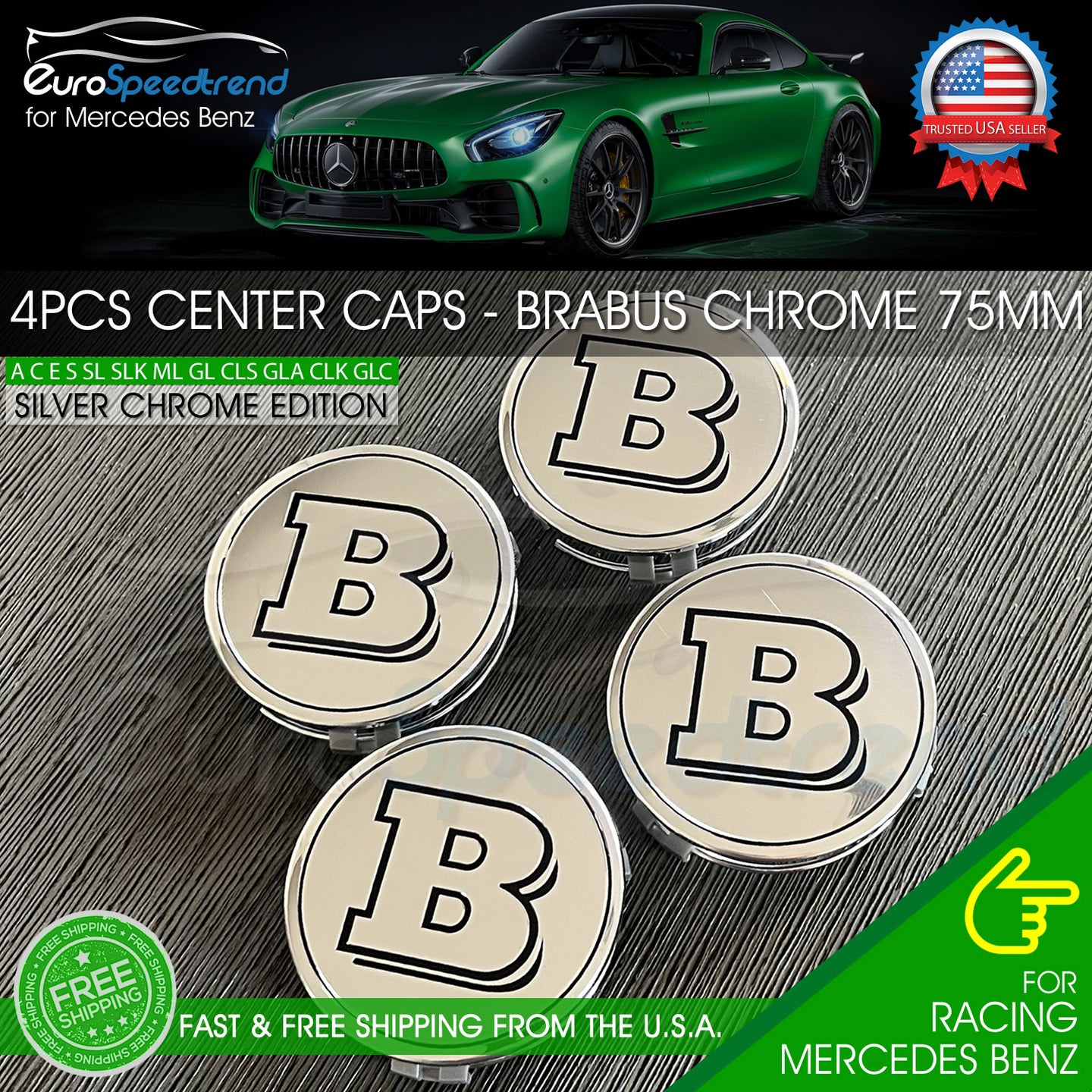 4x Brabus Silver Chrome Wheel Center Hub Caps Emblem fits Mercedes-Benz 75MM Set