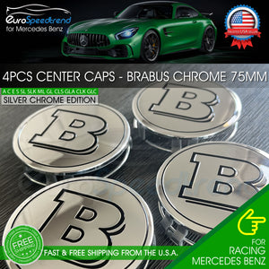 4x Brabus Silver Chrome Wheel Center Hub Caps Emblem fits Mercedes-Benz 75MM Set