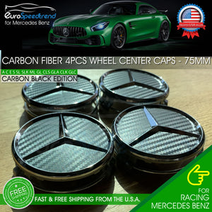 4 Carbon Fiber Black Wheel Center Caps Mercedes Benz Wreath AMG C E GL M SL 75MM