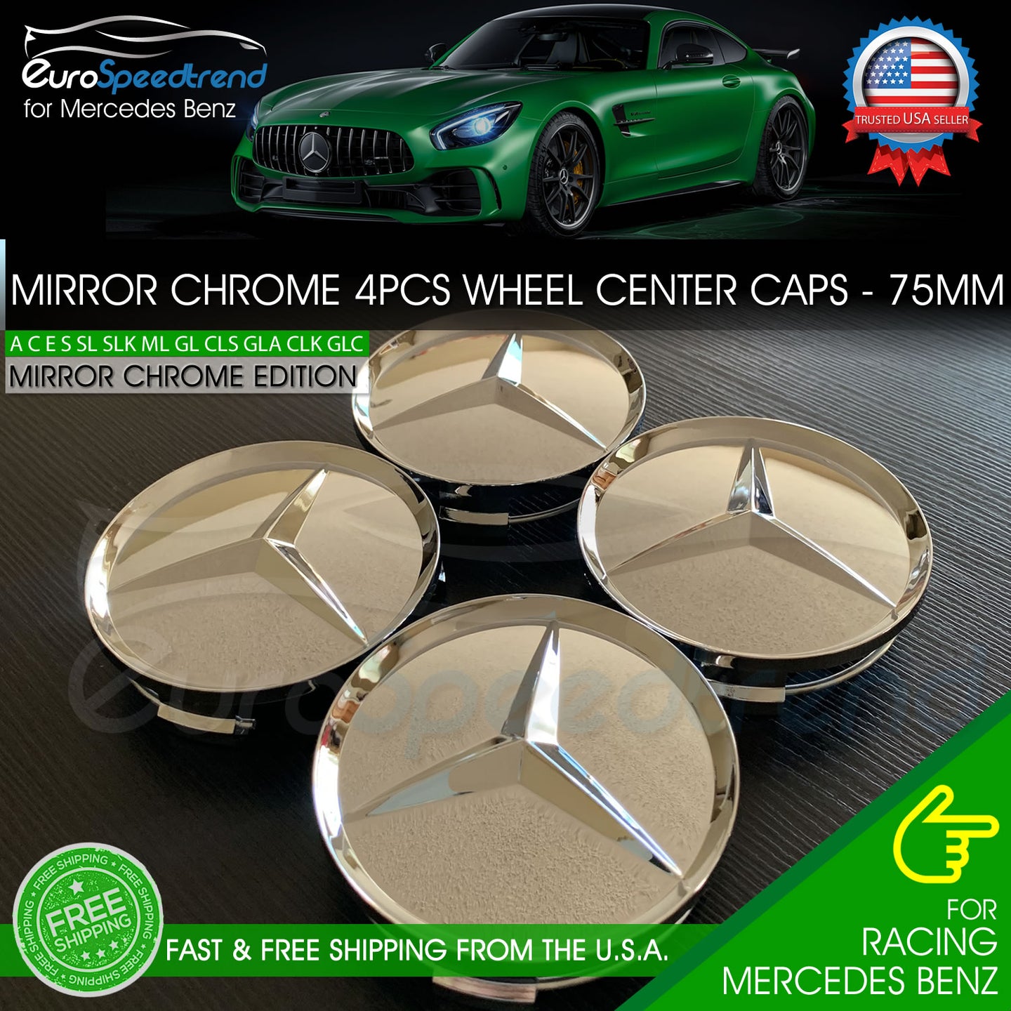 4 Mercedes-Benz Mirror Chrome Wheel Center Hub Caps Emblem 75MM Laurel Wreath