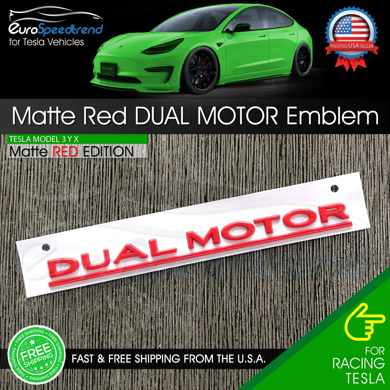 Tesla Model 3 Y X DUAL MOTOR Emblem Matte RED Rear Trunk Lid Badge Log