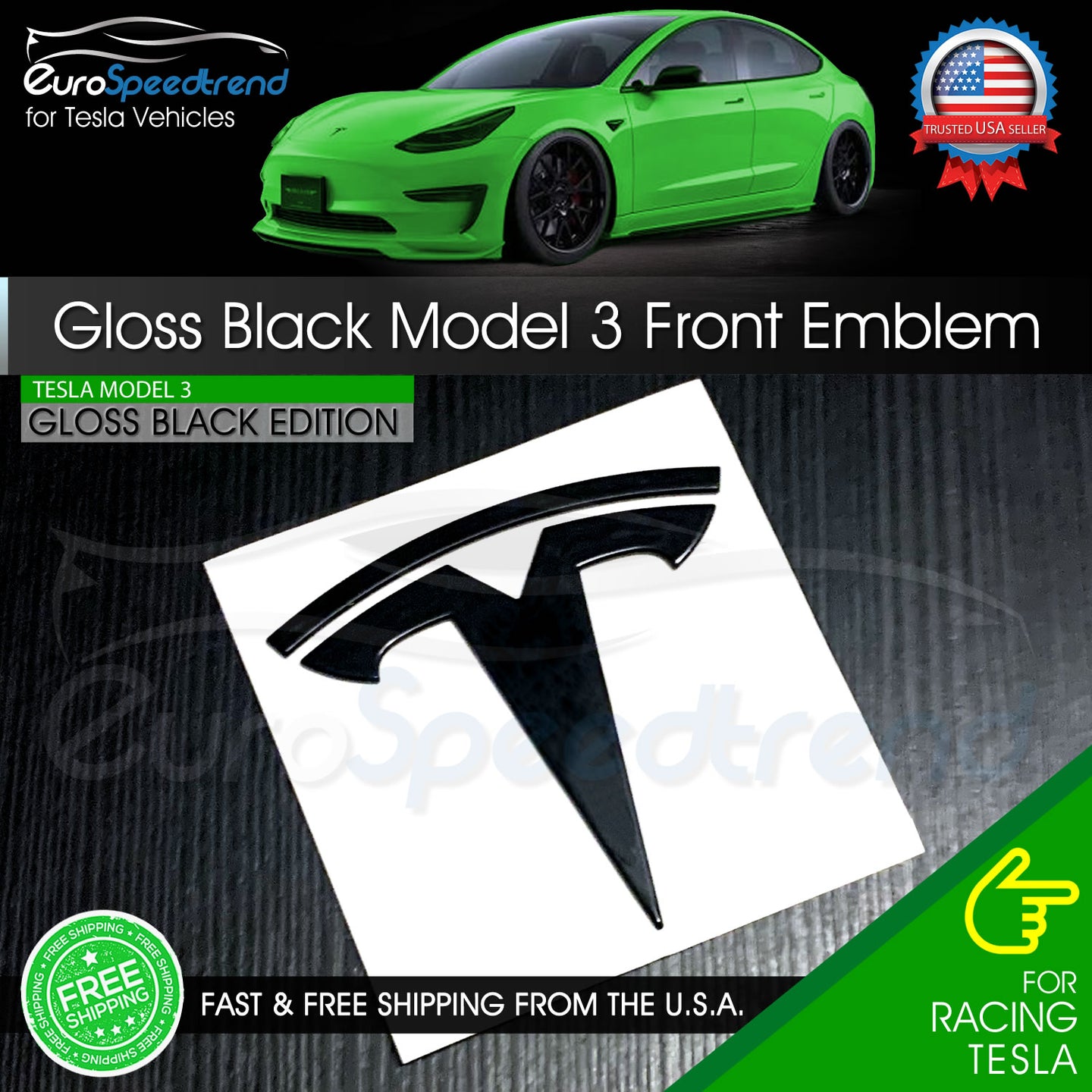 Tesla Model 3 Emblem Gloss Black Front Hood T Letter Badge Logo OEM 1494949-00-A