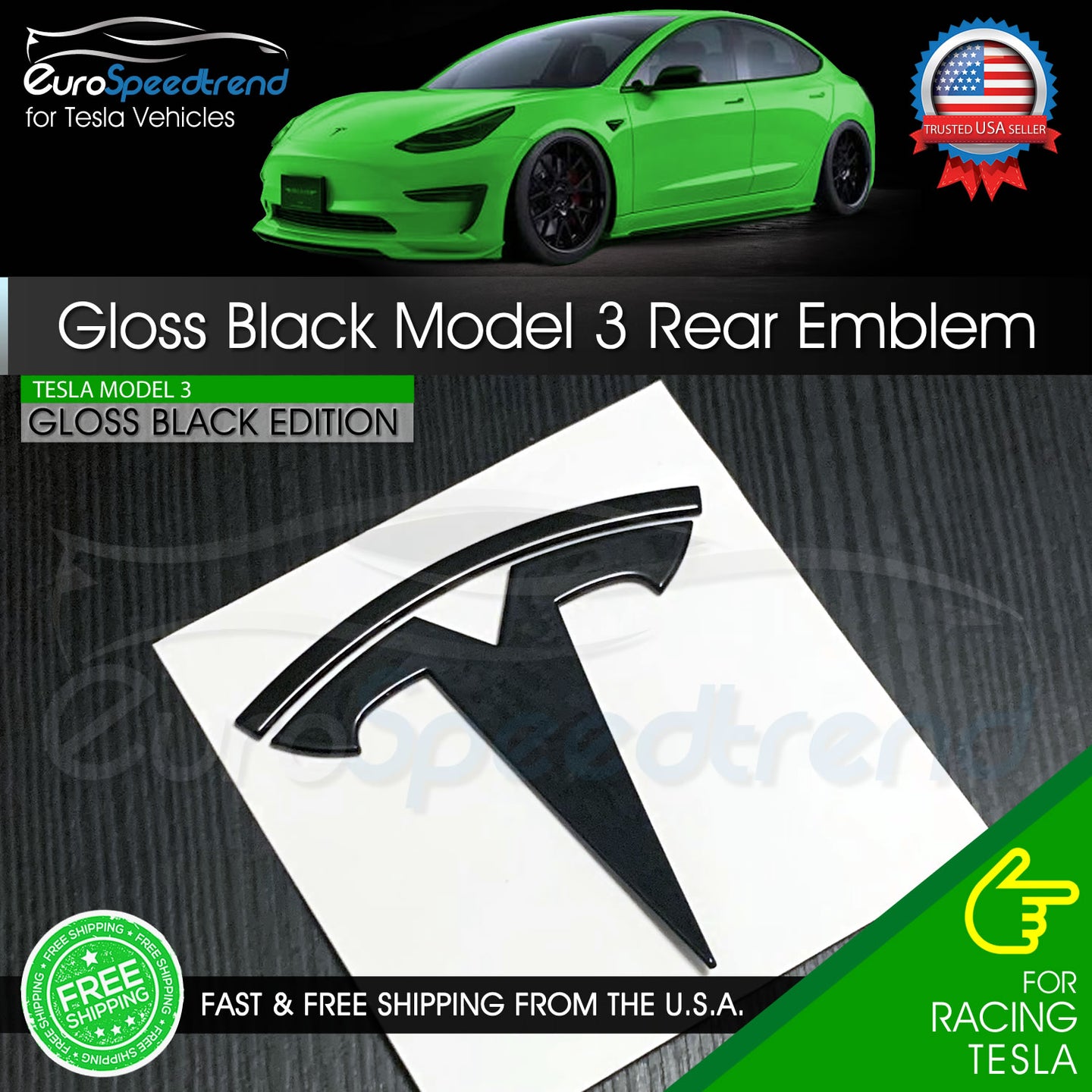 Tesla Model 3 Rear Emblem Gloss Black Trunk T Letter Badge Logo OEM 1494950-00-A