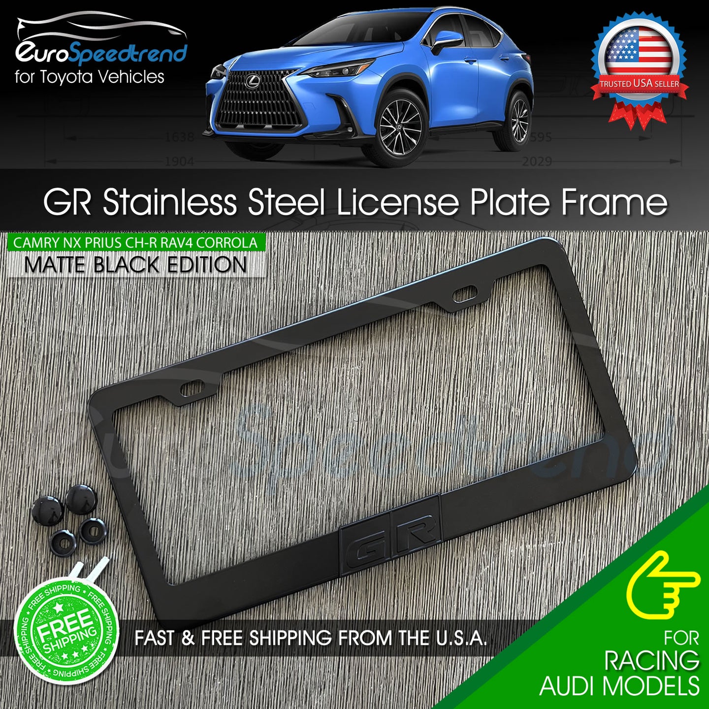 Black GR GazooRacing License Matte Black Plate Frame Logo Front or Rear 3D Cover