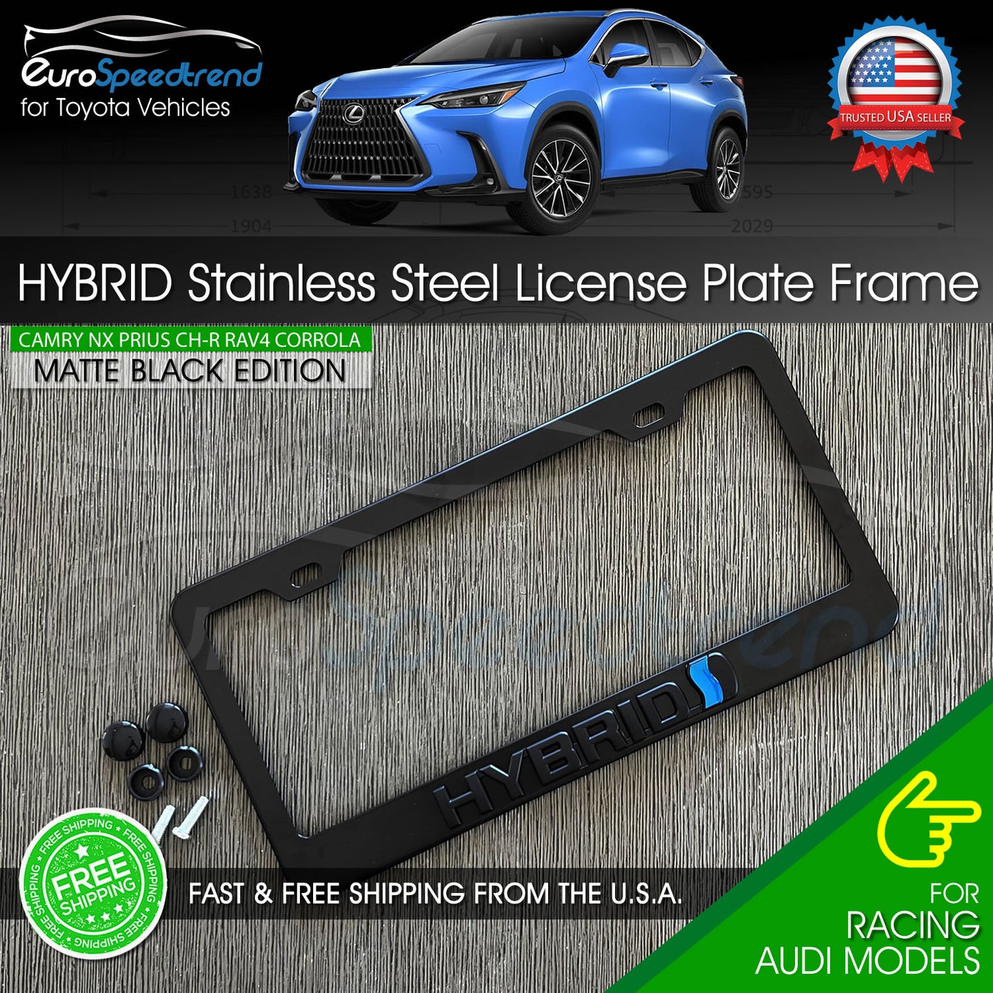 Black HYBRID License Matte Black Plate Frame Logo Front or Rear 3D Emblem Cover