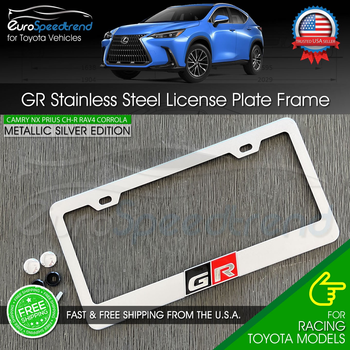 Black Red GR GazooRacing Silver Metallic License Plate Frame Logo 3D Cover USA