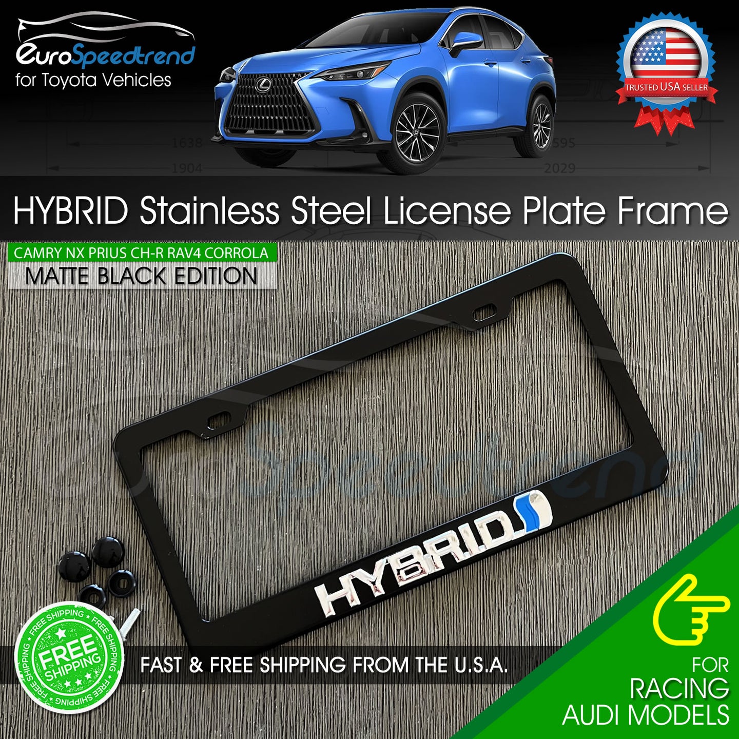 Chrome HYBRID License Matte Black Plate Frame Logo Front or Rear 3D Emblem Cover